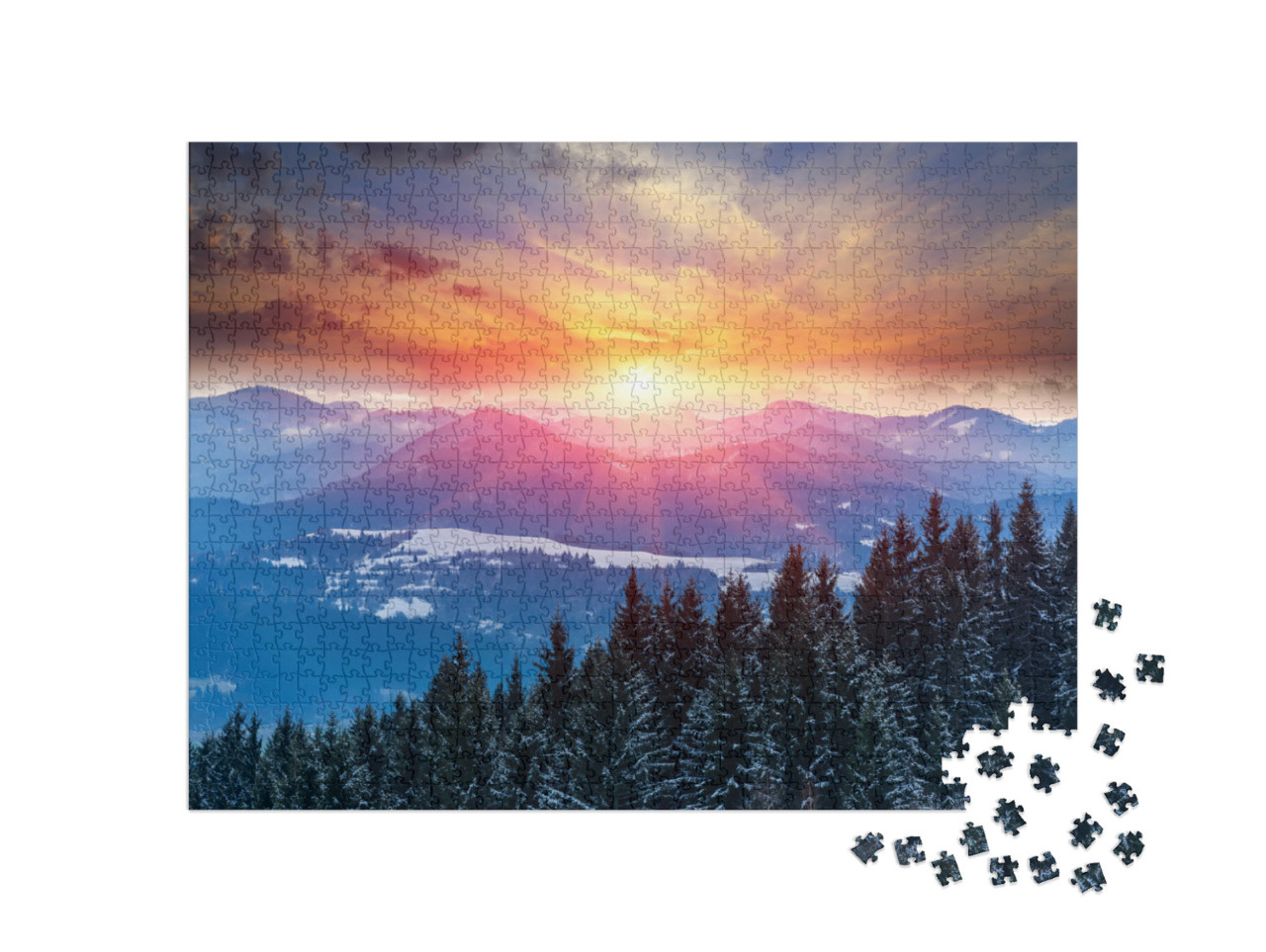 puzzle 1000 dílků „Zimní západ slunce v horách“