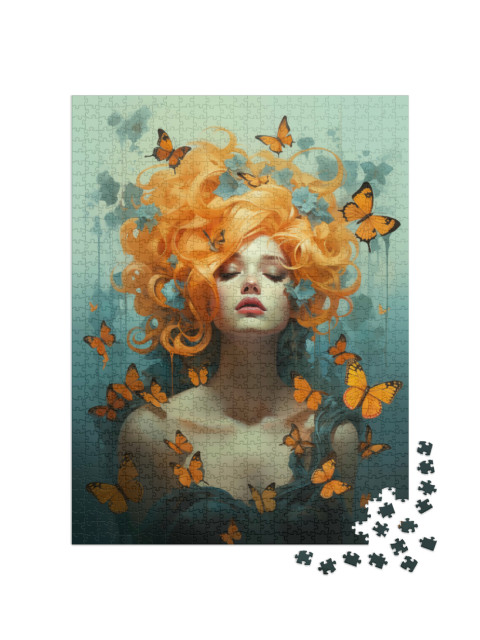 puzzle 1000 dílků „Žena s oranžovými vlasy a motýly“