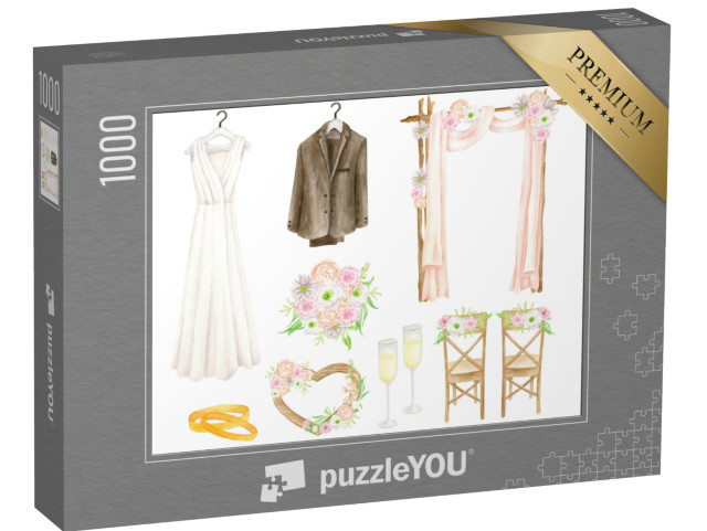 puzzle 1000 dílků „Akvarelová svatební sada. Ručně kreslené bílé svatební d“