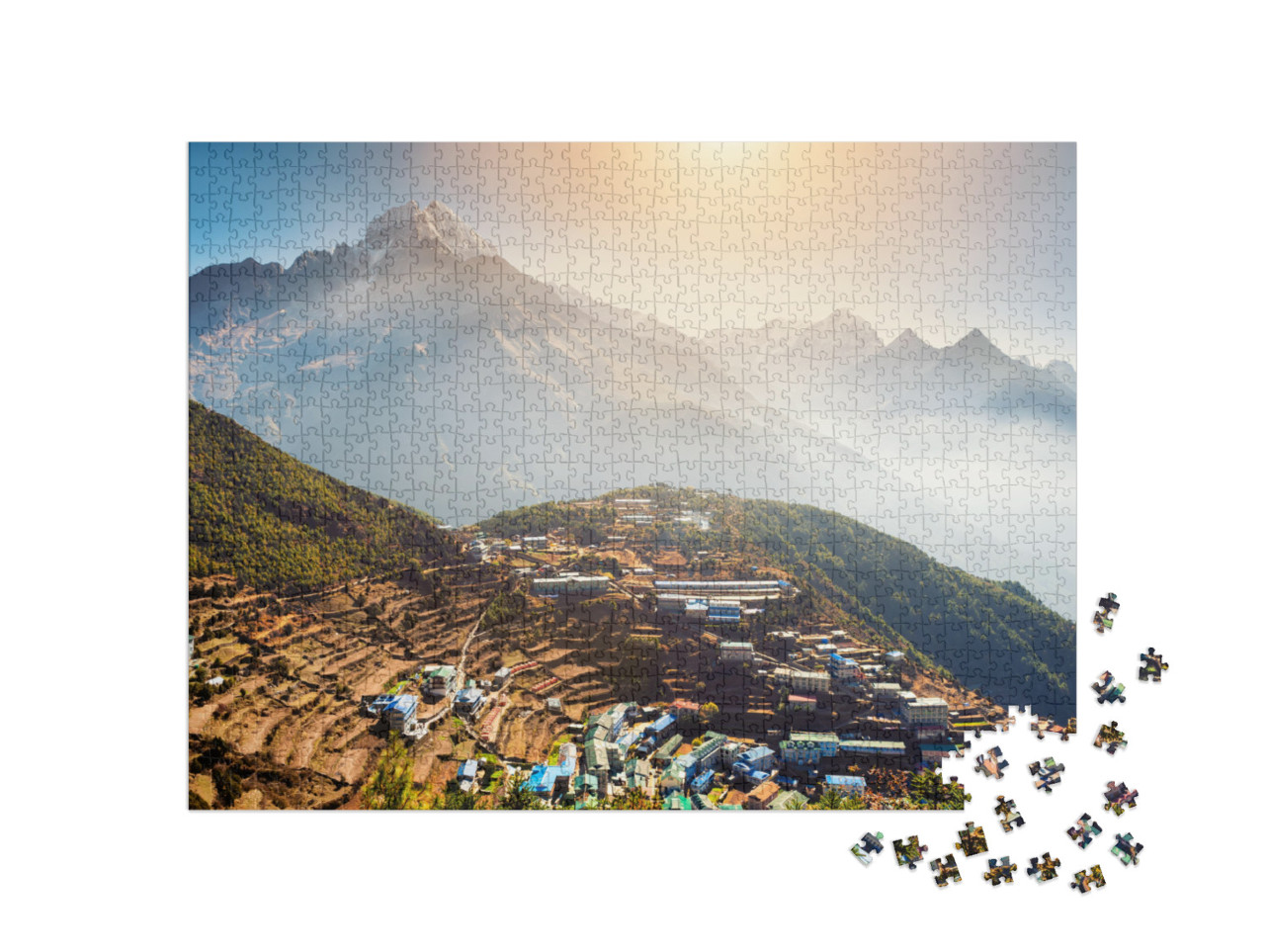 puzzle 1000 dílků „Pohled na vesnici Namche Bazar na úpatí základního tábora Everestu, Himálaj, Nepál“