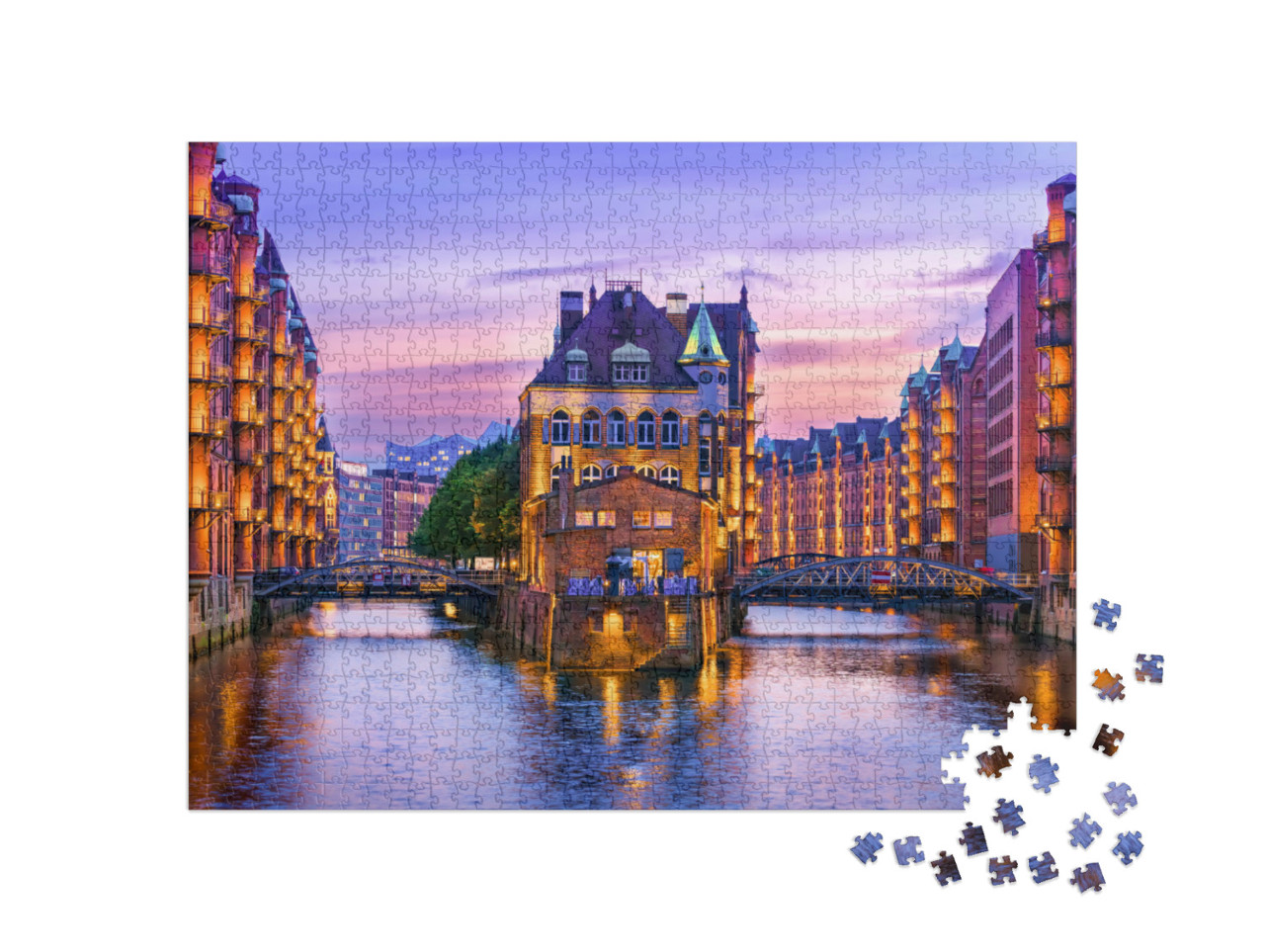 puzzle 1000 dílků „Skladištní čtvrť za soumraku v hamburském přístavu, Hamburk“