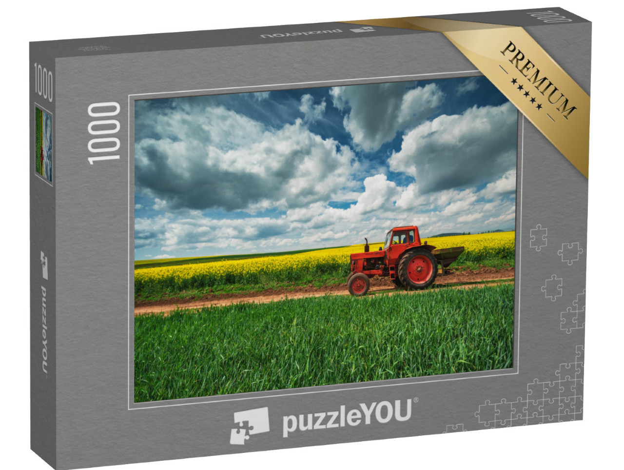 puzzle 1000 dílků „Červený traktor s přívěsem před řepkovým polem, Oxfordshire“