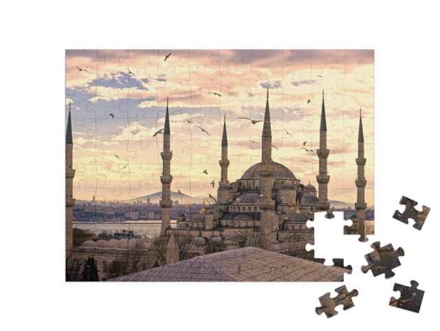 puzzle 100 dílků „Západ slunce nad Modrou mešitou (Sultanahmet Camii), Istanbul, Turecko“