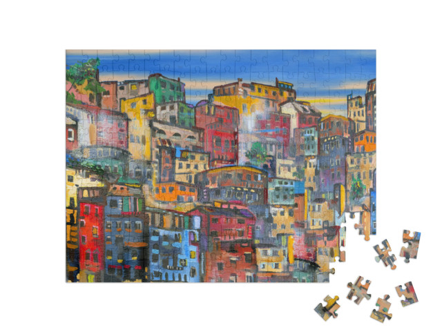 puzzle 200 dílků „Ilustrace: Barevné, hustě zaplněné fasády domů“