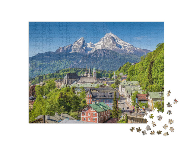 puzzle 1000 dílků „Historické město Berchtesgaden s Watzmannem v pozadí, Bavorsko“