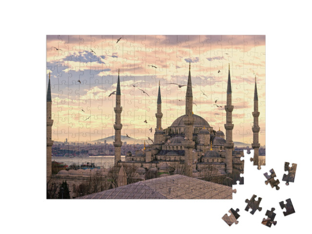 puzzle 200 dílků „Západ slunce nad Modrou mešitou (Sultanahmet Camii), Istanbul, Turecko“