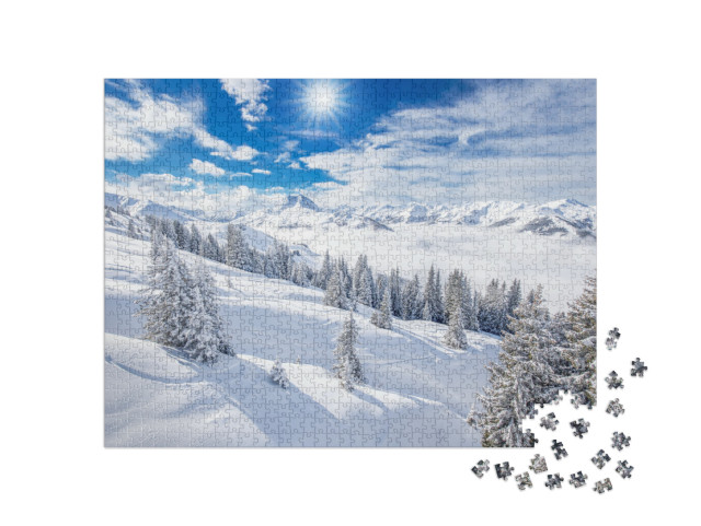 puzzle 1000 dílků „Stromy pokryté čerstvým sněhem v Alpách, kouzlo zimy“