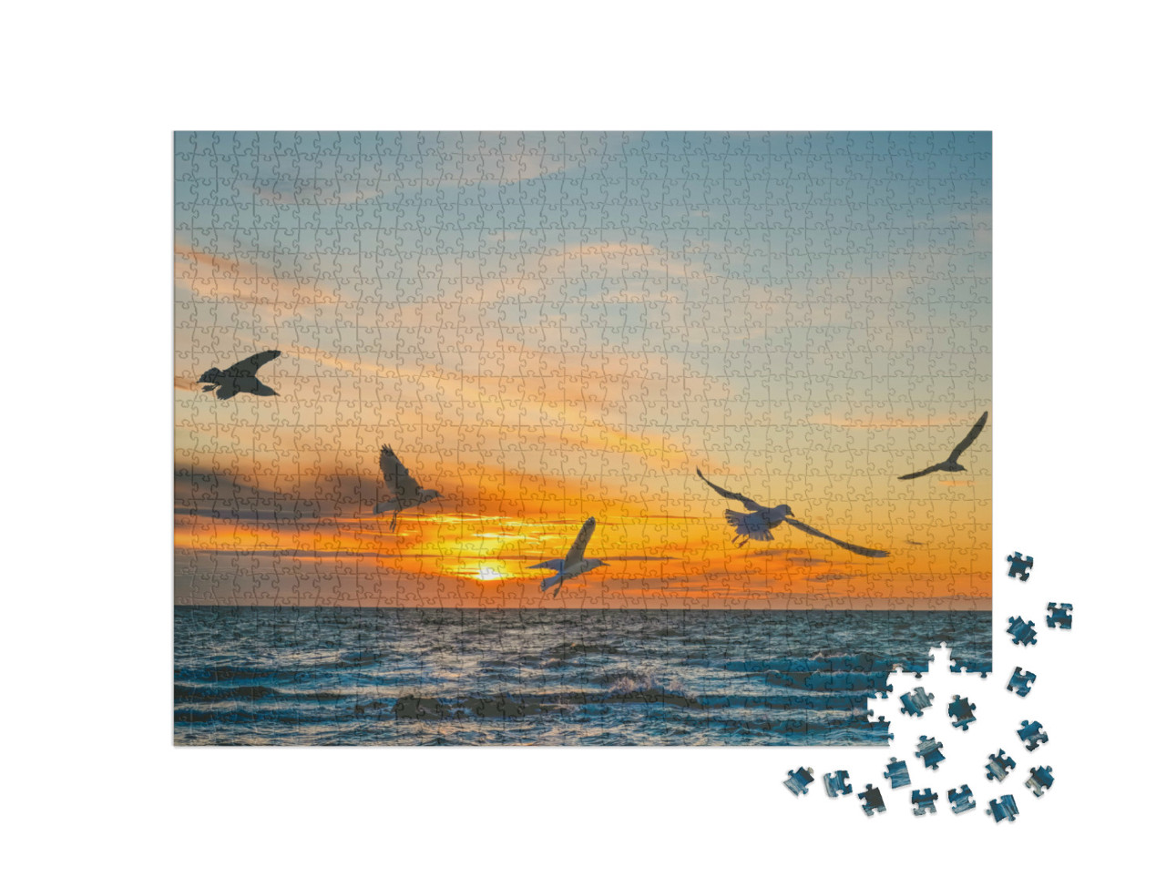 puzzle 1000 dílků „Racci letící při západu slunce nad mořem“