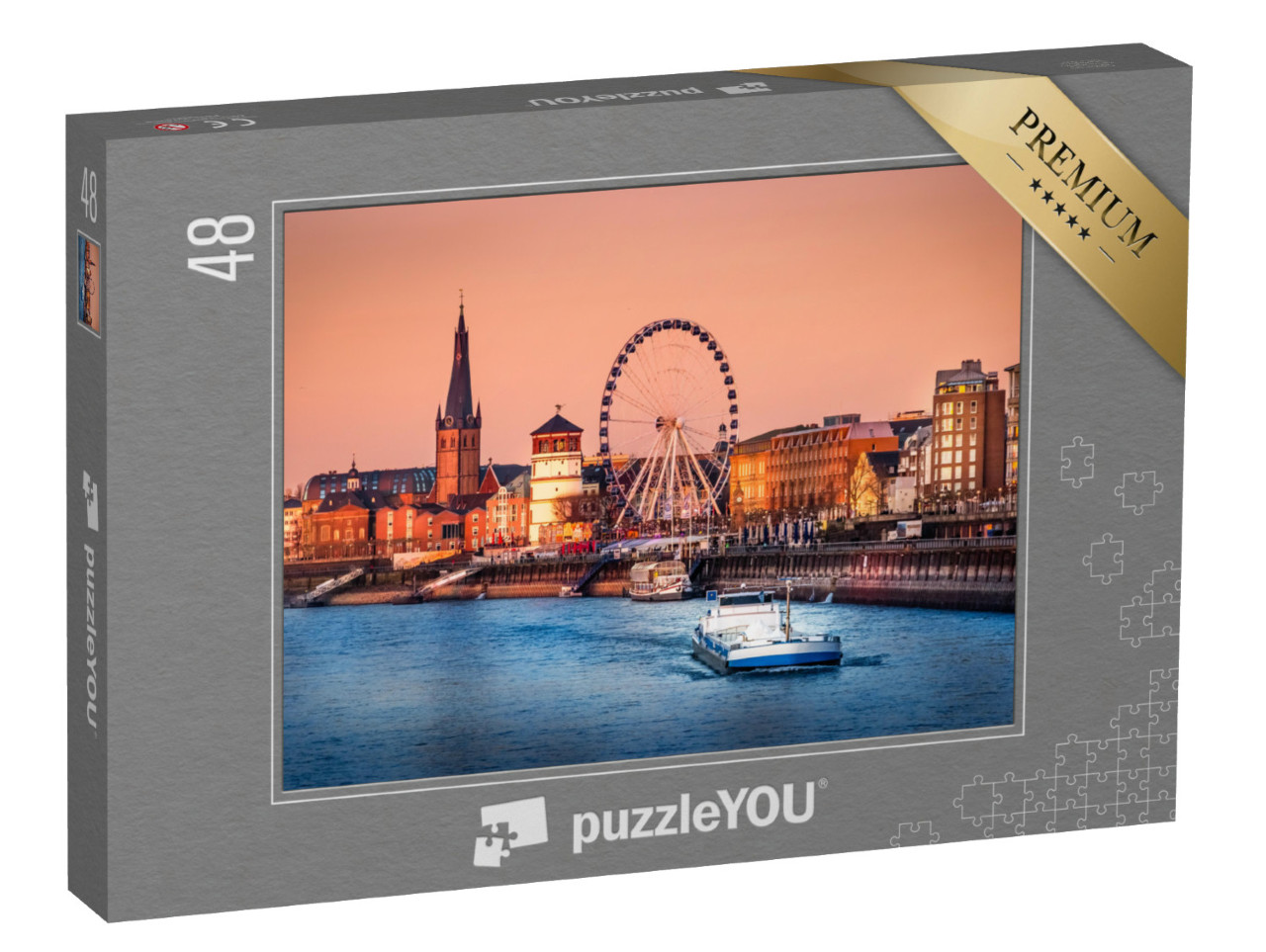 puzzle 48 dílků „Večerní pohled na Rýn a historické centrum Düsseldorfu, Německo“
