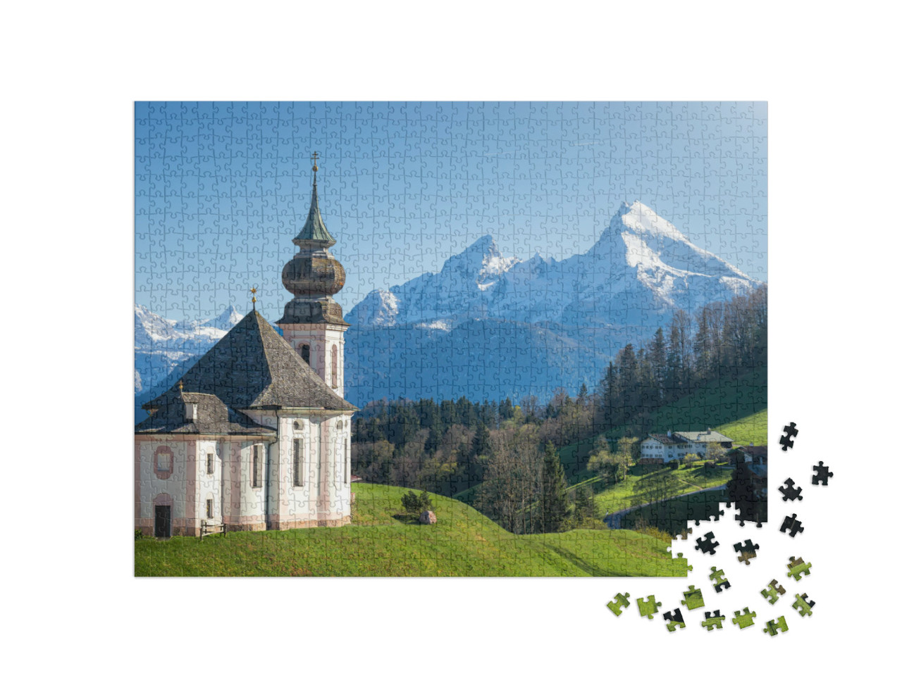 puzzle 1000 dílků „Zasněžený vrchol Watzmann a Maria Gern, Berchtesgadener Land“