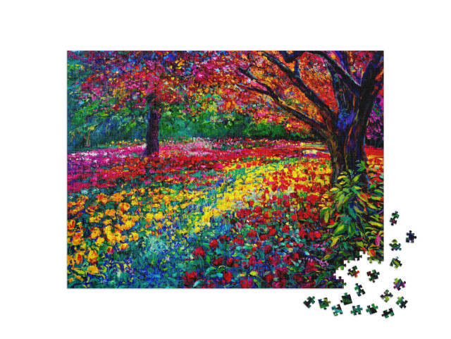 puzzle 1000 dílků „Olejomalba: Podzimní a barevná květinová zahrada“