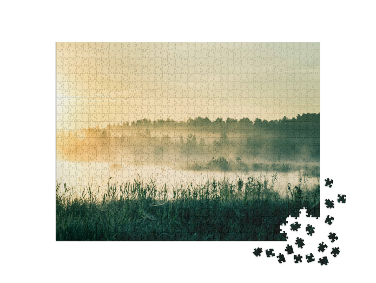 puzzle 1000 dílků „Mokřadní krajina se sluncem, Lotyšsko, severní Evropa“