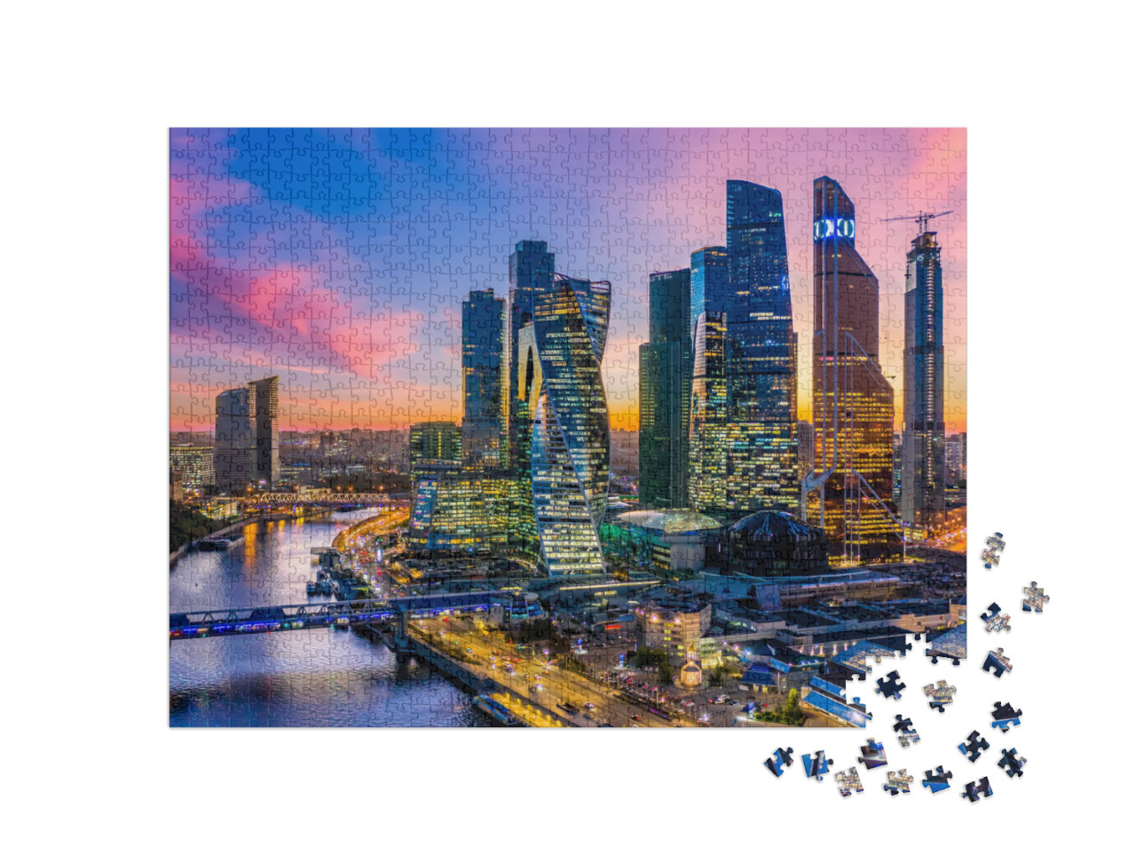 puzzle 1000 dílků „Letecký pohled na Moskvu s mrakodrapy a panoramatem, Rusko“